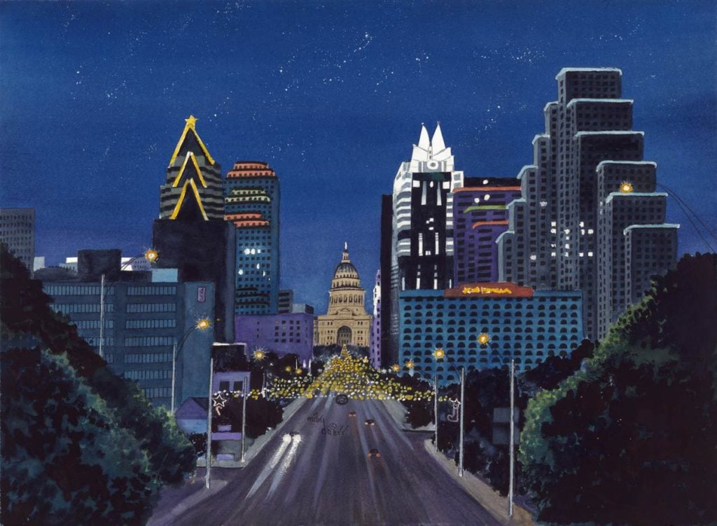 Downtown Austin Holiday Skyline - Watercolor Painting