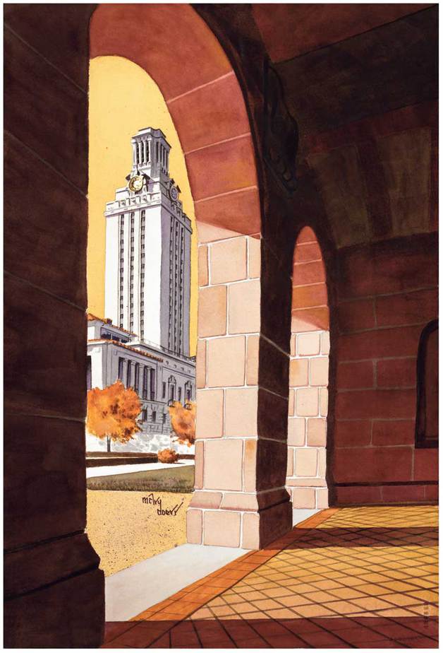 UT Tower Campus View, Austin, TX - Watercolor Painting