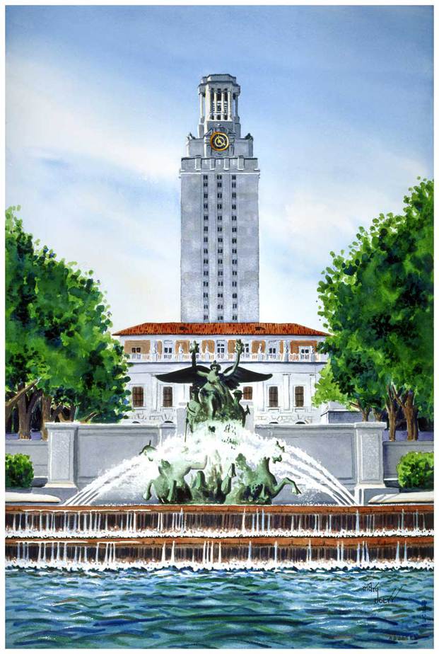 UT Tower with fountain, Austin, TX - Watercolor Painting