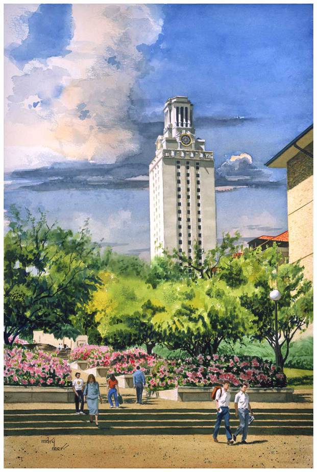 UT Tower with Azaleas, Austin, TX - Watercolor Painting
