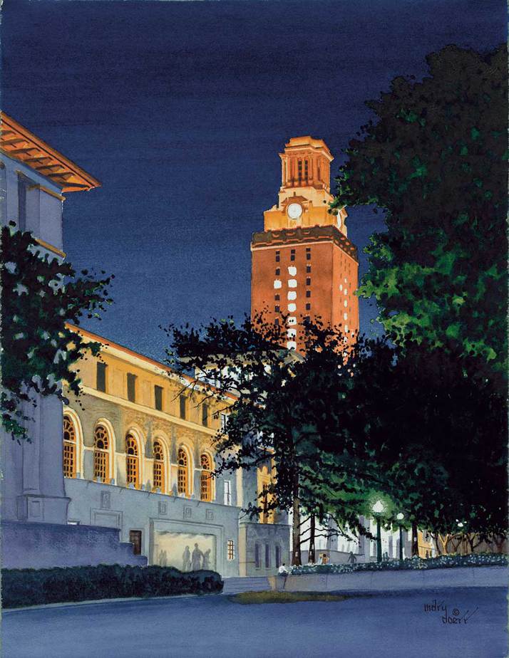Texas Pride - UT Tower at night, Austin, TX - Watercolor Painting